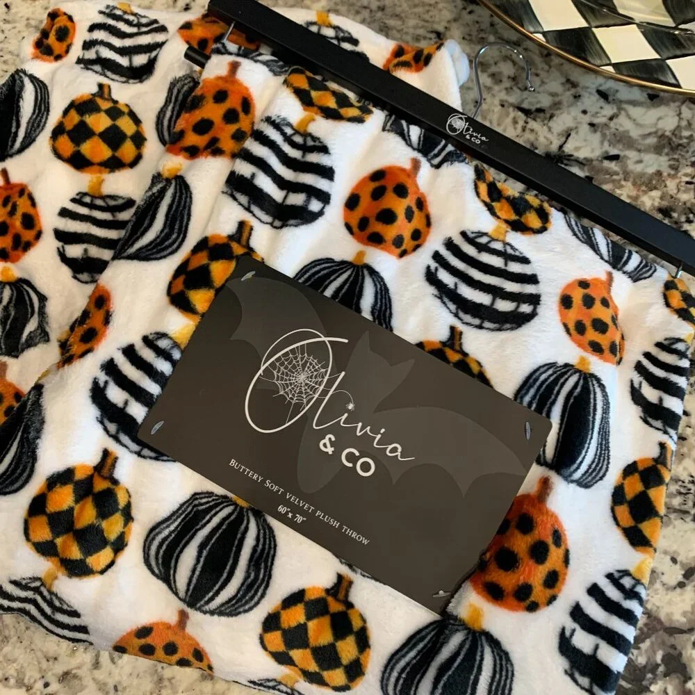 Pumpkin Velvet Plush Throw Black White Check Orange Oversized NWT